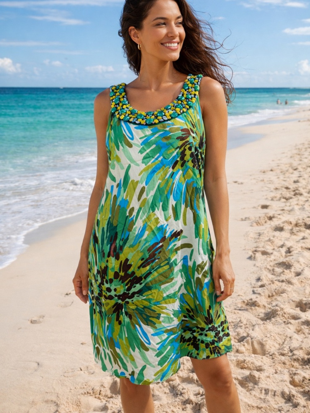 Rabbit Rabbit Rabbit Beaded Scoop-Neck Floral Coverup in Green Multi
